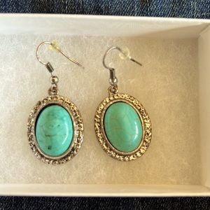 Turquoise and Silver tone Dangle Pierced Earrings 1.75” Drop